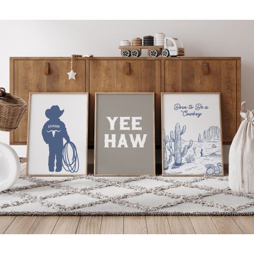 Personalized set of three prints for cowboy themed nursery, blue western nursery decor, name sign for nursery boy western poster brown