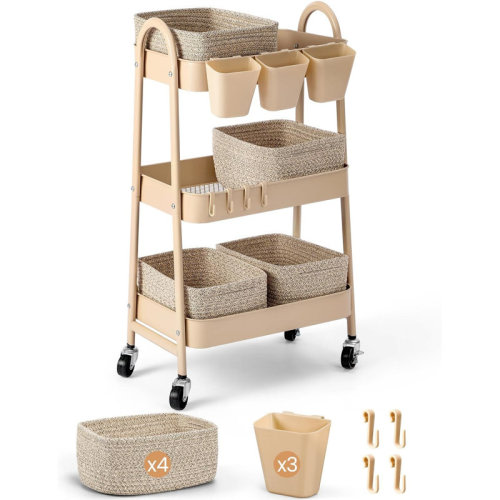 hongzhi 3-Tier Rolling Utility Cart with 4 Woven Baskets, Diaper Book Snack Cart, Storage Organizer | Wayfair