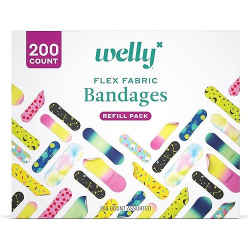 Welly Bandage Refill Ready Pack | Adhesive Flexible Fabric Bandages | Bulk Assorted Shapes and Patterns for Minor Cuts, Scrapes, and Wounds - 200 Count