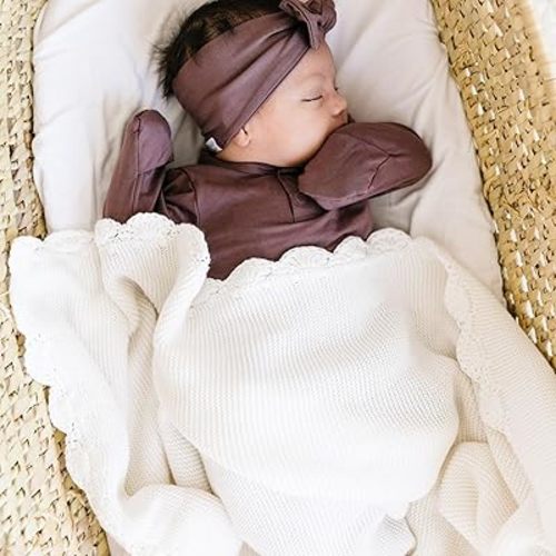 MakeMake Organics GOTS Certified Organic Cotton Baby Boy Girl Knit Baby Blanket Scalloped Lovey Newborn Box Neutral - Star Ivory, 30"x40"