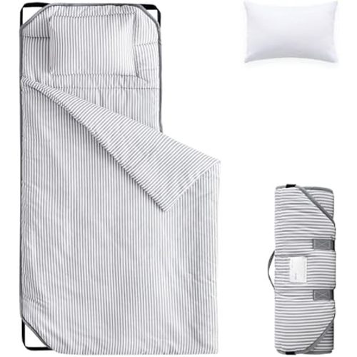 Wake In Cloud - Cot Nap Mat with Pillow and Blanket, 100% Cotton Fabric, for Toddler Kids Boys Girls in Daycare Kindergarten Preschool with Elastic Corner Straps, Gray Grey Stripes on White