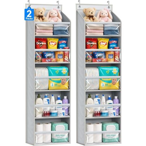 AOODA 2 Pack Over the Door Organizer, Large Capacity Closet Door Hanging Organizer, Clear Deep Pockets Baby Organizer Storage for Nursery, Bathroom, Bedroom, Pantry, Diapers (Grey)