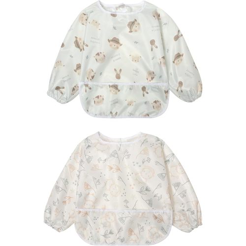Little Dimsum Full Sleeved Feeding Bib 2 Pack,Baby & Toddler Waterproof Bib Apron,Food Protection Large Pocket Eating Smock 6-48 Months(Hat Bear&owl)