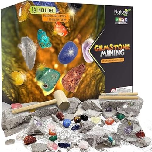 Nature Gear Gemstone Dig Kit for Kids, Educational Crystal Excavation Kit with 15 Mystery Gems, Interactive Adventure Fossil Mining Toy for Kids Age 3-5 and Up
