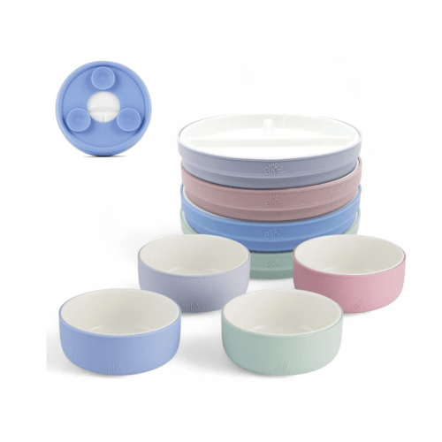 Kids Porcelain Mealtime Bundle | Suction Sleeves | 6.7" Plates + Bowls | 8 Pcs | Blush/Lilac/Sage/Misty Blue