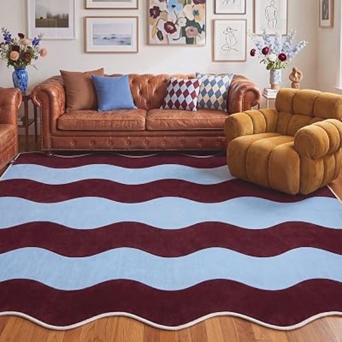 Nuanchu 8 x 10 ft Wave Striped Abstract Area Rug - Retro Color-Blocked Carpet Floor Mat Machine Washable Non Slip for Living Room Playroom Bedroom Office (Burgundy Red,Dusty Blue)