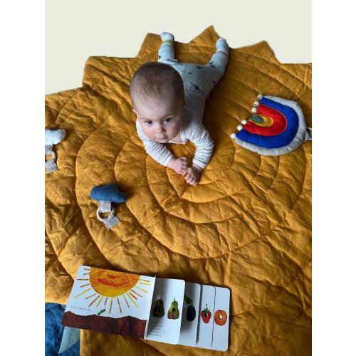 Linen Sun Baby Play Mat with Rainbow & Clouds – Montessori Nursery Decor