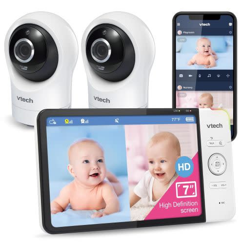 VTech RM7764-2HD Smart WiFi 2 Camera BabyMonitor, 360° Pan&Tilt, 10X Zoom, 7” HD Display & NightVision, Soothing Sounds, 2-Way Talk, Temperature & Motion Detection