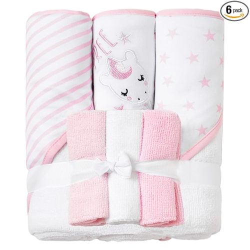 Viviland Baby Towels and Wash Cloths Set - Hooded Towels, Face Towels, Burp Cloths or Wipes - Absorbent Bath Towels - 6-Pack, Size 28 x 28 Inch (Pink Unicorn)
