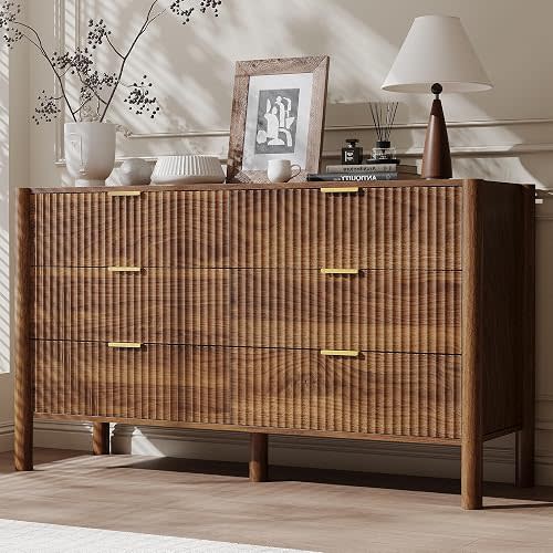 CHUWELL Fluted Walnut Dresser for Bedroom, 55.1" Wide Mid Century Modern Chest of Drawers with 4 Solid Wood Cylindrical Legs & Gold Metal Handles, 6 Drawer Large Dresser for Bedroom