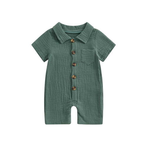 BemeyourBBs Newborn Baby Boy Girl Summer Clothes Infant Baby Boys Cotton Linen Outfit One Piece Romper Solid Color Lapel Short Sleeve Button Down Jumpsuit Shorts