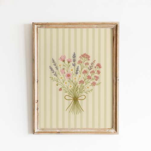Lavender & Pink Wildflower Print – Soft Green Botanical Poster – Cottagecore Nursery Wall Decor