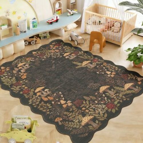 Garvee Area Rug, Mushroom Floral Botanical Pattern Rugs, Scalloped Living Room Non Slip Low Pile Stain-Resistant Indoor Carpet for Bedroom, 5'x7'