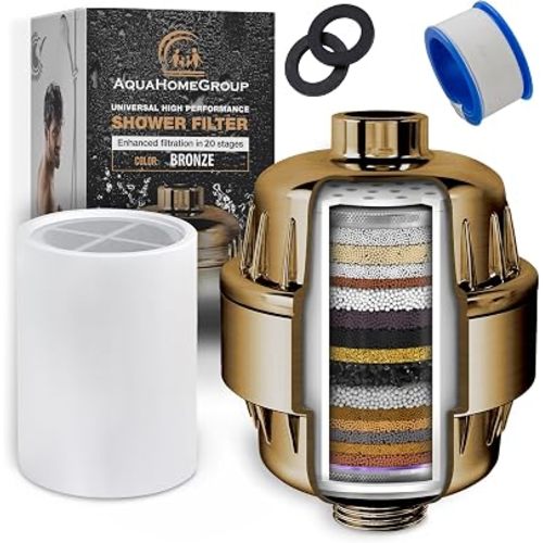 AquaHomeGroup 20 Stage Shower Filter with Vitamin C and E - Reduces Chlorine and Heavy Metals - 2.5 GPM - Universal Fit - Golden