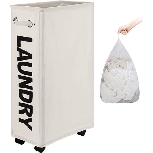 DOKEHOM 29-Inches Enlarged Slim Laundry Basket with Removable Wash Bag on Wheels, Collapsible Rolling Laundry Hamper, Foldable Narrow Corner Clothes Storage Bins (Beige)