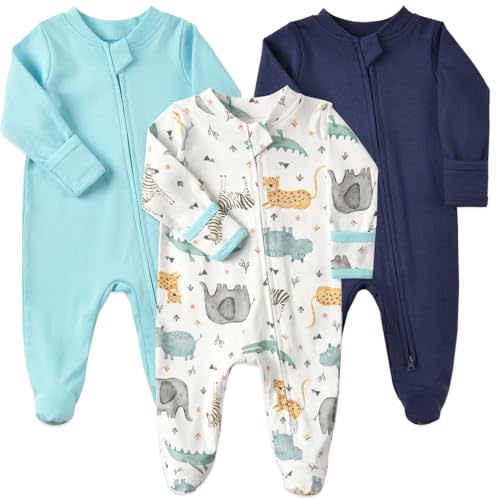 Aablexema Baby Footie Pajamas with Mittens - 3Pcs Infant Cotton Footed One Piece Sleepwear Outfits
