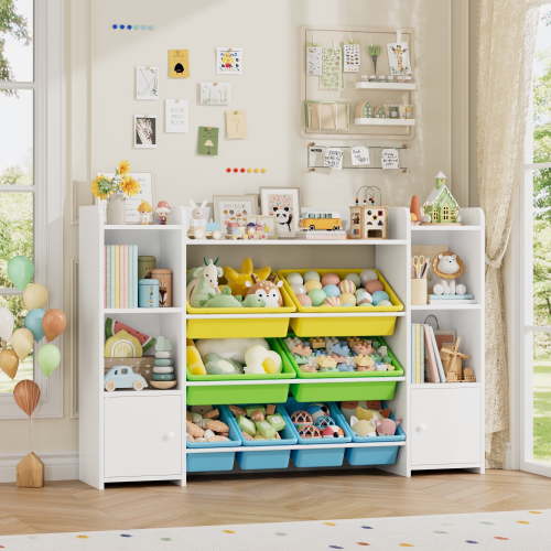 Homfa Kids Bookcase with 9 Colorful Bins and 2 Doors, White Toy Storage Organizer, 37.12 inches tall