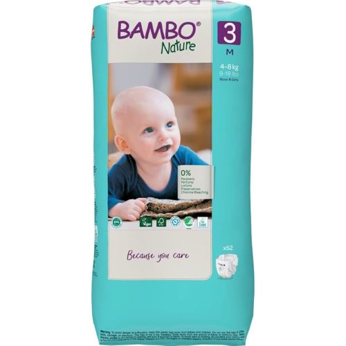 Bambo Nature Hypoallergenic Baby Diapers, Eco-Labeled Diapers, Enhanced Leakage Protection, Totally Chlorine-Free, Skin Friendly, and Super Absorbent - Size 3 (52 Count)