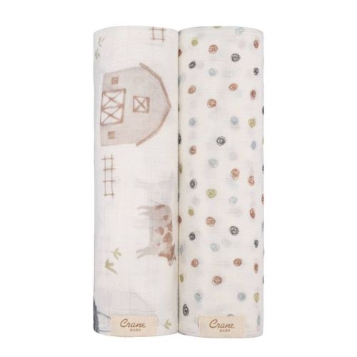 Crane Baby Muslin Swaddle Blanket 2pc - Charlie Farmhouse Tractor/Dot