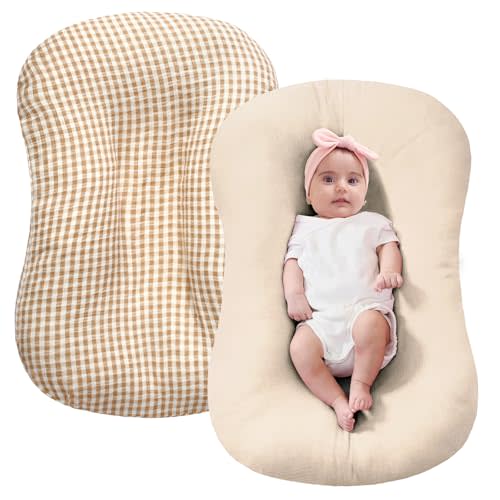 FUNUPUP Muslin Baby Lounger Cover Compatible with Snuggle Me Lounger, Infant Pillow Cover for Newborn, Removable Nest Slipcover for Boys and Girls, Only Cover, Beige and Plaid