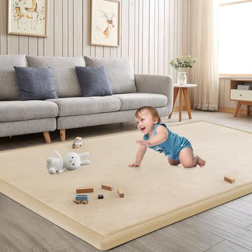 ILPEOD Baby Play Mat for Floor Tummy Time Mat Nursery Rug Muscle Mat Area Rug Playroom Rug Tatami Mat Memory Foam 1.3" Thick Beige Crawling Mat for Babies,Toddlers, Infants, Kids,Floor Mat