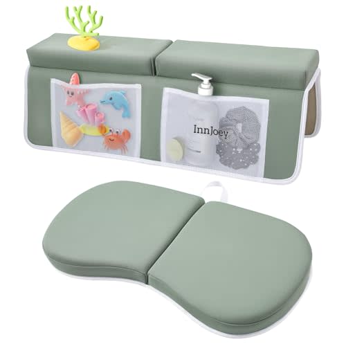 InnJoey Baby Bath Kneeler and Elbow Rest Pad Set, 1.6'' Thick, Quickly Dry, Bathtub Kneeler Pad with Baby Toys & Bath Accessories Storage, Bath Kneeling Pad and Elbow Pad for Baby Tub Green