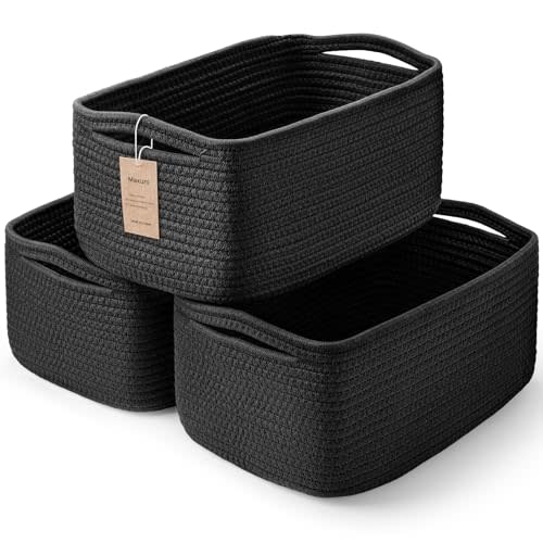 Maxuni 3-Pack Small Storage Baskets for Organizing | Woven Shelf Toy Basket | Rope Baskets for Gifts Empty | Closet Organizer Bins with Handles | Cube Decorative Box | 11.8×7.8×5.1” | Mixed Black