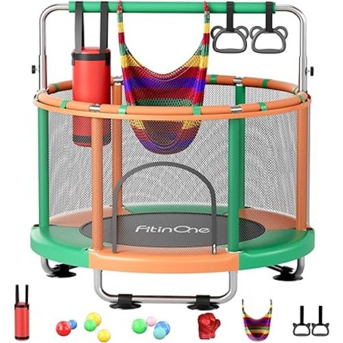 55" Toddler Mini Trampoline for Kids, Indoor Outdoor Toys with Swing, 440lbs Baby Kids Trampoline, Gymnastics Bar, Birthday Gifts for Boy Girl Age 1-8