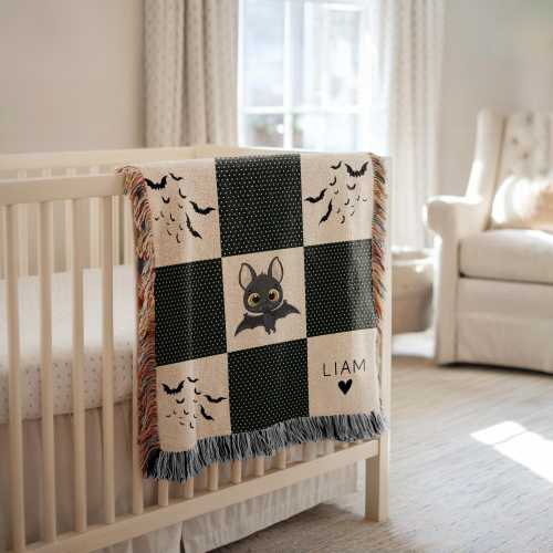 Personalized Bat Blanket for Baby Halloween Blanket Gift for Kid Bat Baby Blanket Nursery Decor Name Bat Blanket Bat Woven Throw Baby Shower