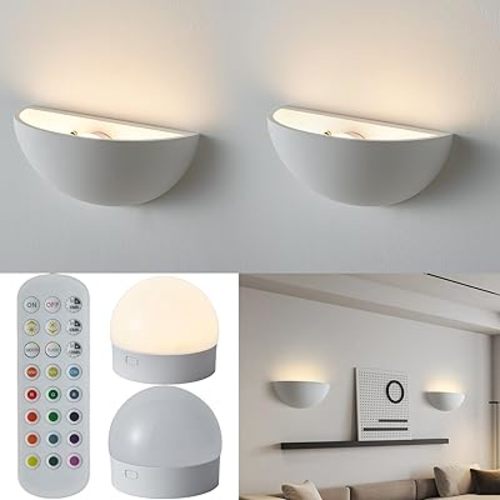 2 Pack Repaintable Battery Operated Wall Sconce, Minimalist Half-Sphere Gypsum Rechargeable Wall Light with 5000mAh Dimmable Magnetic Bulb Remote, 12 RGB Colors Wireless Wall Lamp for Hallway Decor