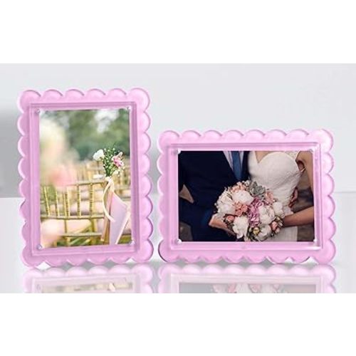 GRAHAM DESIGN 2‑Pack 5×7 Scalloped Acrylic Photo Frames – Pink Magnetic Floating Display, Dual Orientation Tabletop Frames, Modern Minimalist Gift Décor