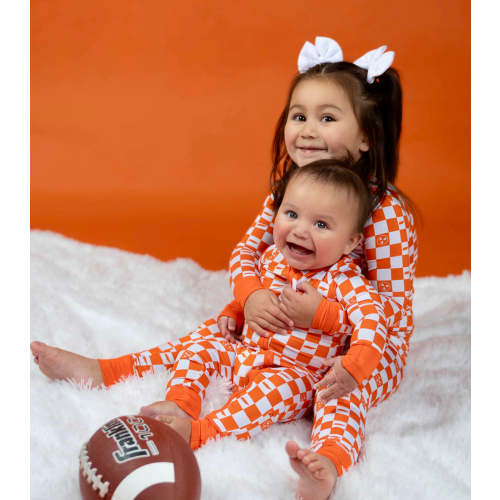 Orange and White Checkerboard- Bamboo convertible footie- Zippy pajamas