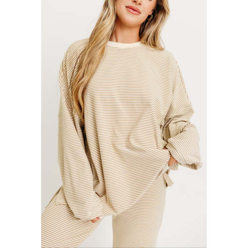 Naomi Striped Oversized Fleece Long Sleeve Top in Beige - Bump Friendly