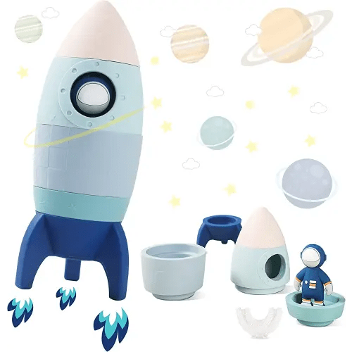 Silicone Rocket Stacking Toy - Space Rocket Toy - Baby Teething Toys -Early Learning Stacking Tower Educational Learning Stacking Toys Nesting Toy for Early Educational for Infants (Blue)