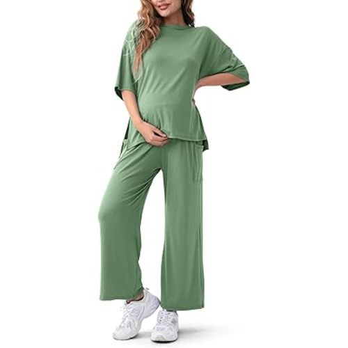 Maternity Lounge Set 2 Piece Outfits Matching Short Sleeve Top Adjustable Long Pants Pregnancy Summer Loungwear