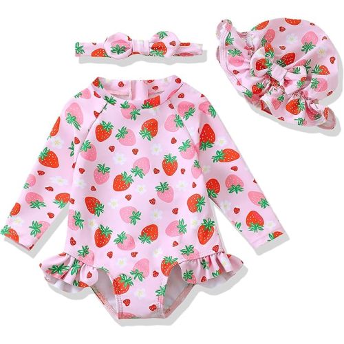 Baby Girl Swimsuit Long Sleeve One-Piece Swimwear with Hat Rash Guard Ruffle Floral Zipper Beach Infant Bathing Suit