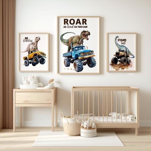 Dinosaur Monster Truck Print, Nursery Wall Art, Boy Room Decor, Dinos and trucks, poster, nursery wall art