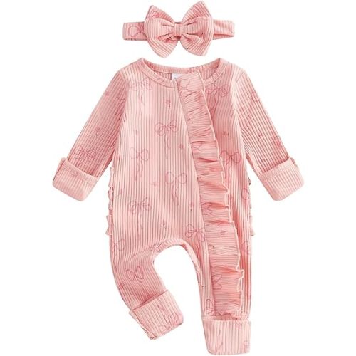 Newborn Baby Girl Clothes Preemie Coming Home Outfit Ruffle Romper Cute Ribbed Jumpsuit Headband