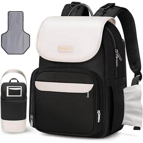 Mancro Small Diaper Bag Backpack with Changing Pad, Stylish Diaper Bag with Insulated Bottle Pocket, Water Resistant Baby Bags for Mom for Travel with Stroller Straps, Black-White