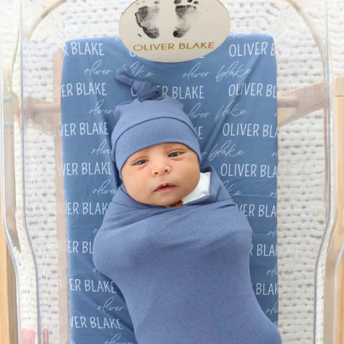 Personalized Steel Blue Baby Name Swaddle Blanket | Block Script