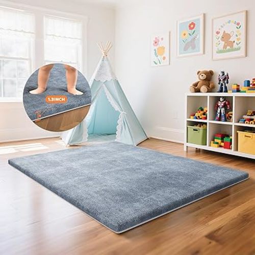 Omzer Baby Play Mat for Floor: Soft & Safe - 1.3'' Thick Foam Playpen Mat with Machine Washable Removable Coth Cover for Tummy Time- Non Slip Crawling Pad for Toddler,Infant,Kids(Grey, 65''x 50'')