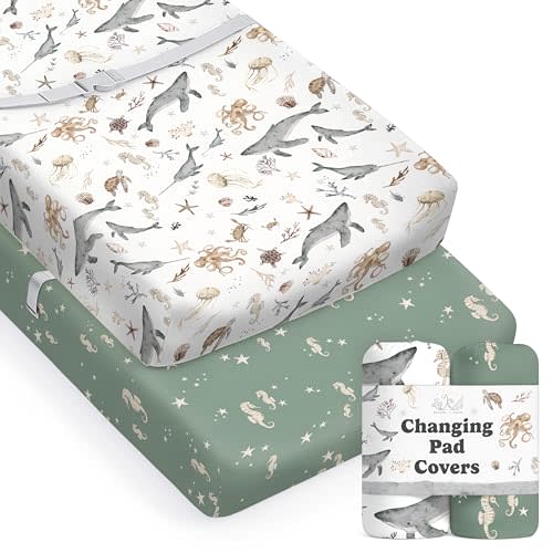 Baby Changing Pad Cover 2-Pack for Boys, Girls (Ocean Odyssey) - Premium Fitted Sheets Baby Diaper Changing Table Cover - Buttery Soft Cotton Blend