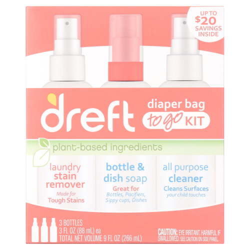 Dreft Plant-Based Diaper Bag To Go Kit with Laundry Stain Remover and Spot Cleaner Baby Essentials Gift Set, Travel Size, 3 Pieces