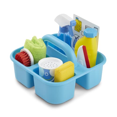 Melissa & Doug Spray Squirt & Squeegee 9-Piece Cleaning Play Set | 9 Pieces, House Cleaning Pretend Play, Storage Caddy, Spray Bottle, Squeegee, Scrub Brush, Preschool Toys for Kids, Ages 3+