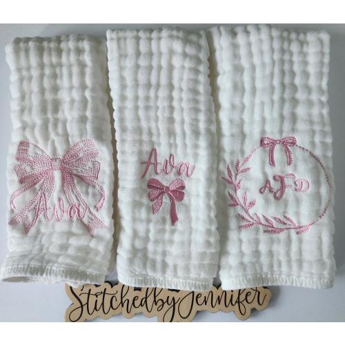 Bow Personalized Baby Burp Cloths, Monogram, Embroidered, Baby Girl, Set of Three, Set of Two, or Single.