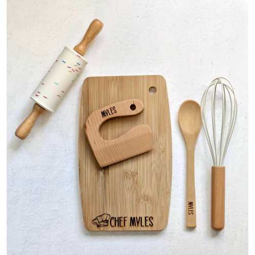 Personalized Engraved Kids Bamboo Cutting Board, Cutter, Spoon, Whisk & Roller Set, Personalized Kid-friendly Cutting Board Cooking Kit
