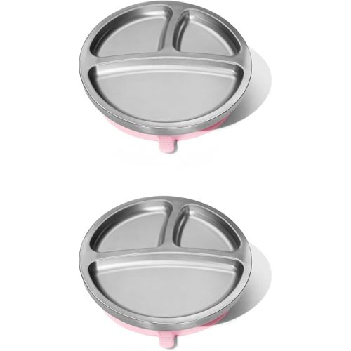 Avanchy Baby Plates with Suction – Stainless Steel Divided Plates for Toddlers, BPA-Free, Dishwasher Safe, Unbreakable, Non-Toxic, 100% Silicone Suction – 2 pack Pink