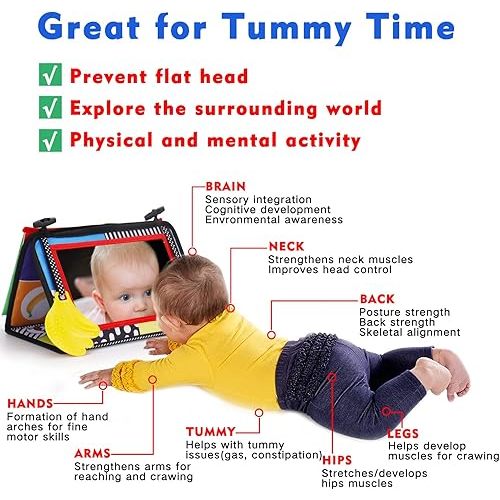Tummy Time Baby Mirror Infant Toys Newborn 0 3 Months Brain Development with Crinkle Cloth Book Teether Black and White High Contrast Baby Toys 2 4 5 0-6 Month Boys Girls Sensory Activity Shower Gifts