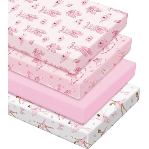 VitalCozy 4 Pcs Pink Bow Ballerina Crib Sheet Set Newborn Bedding Nursery Baby Sheets for Girl Boys Baby Gifts for Standard Crib and Toddler Mattresses, 52 x 28 x 8 Inches
