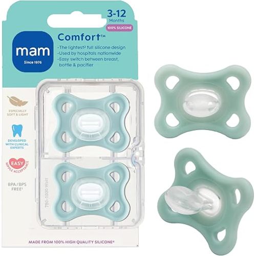 MAM Comfort Baby Pacifiers 3-12 Months Babies, Lightweight One-Piece Full Silicone Binky, BPA-Free Nipple, Easy to Clean Pacifier, Best for Breastfed Babies, 2 Count, Sterilizer Case, Made in Europe